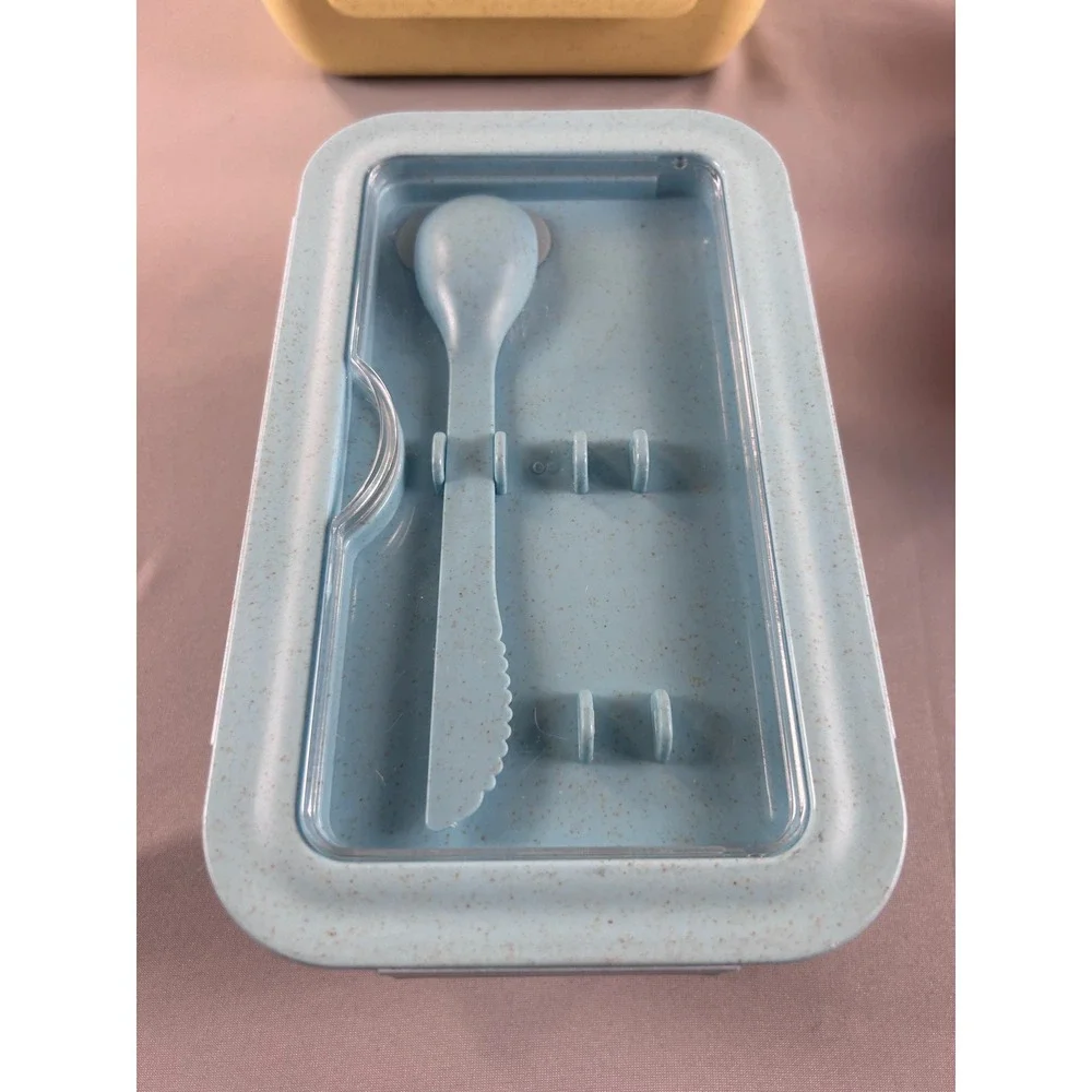3pc Box Set Pastel Pink Blue Yellow Divided Lunch Containers‎ missing utensils